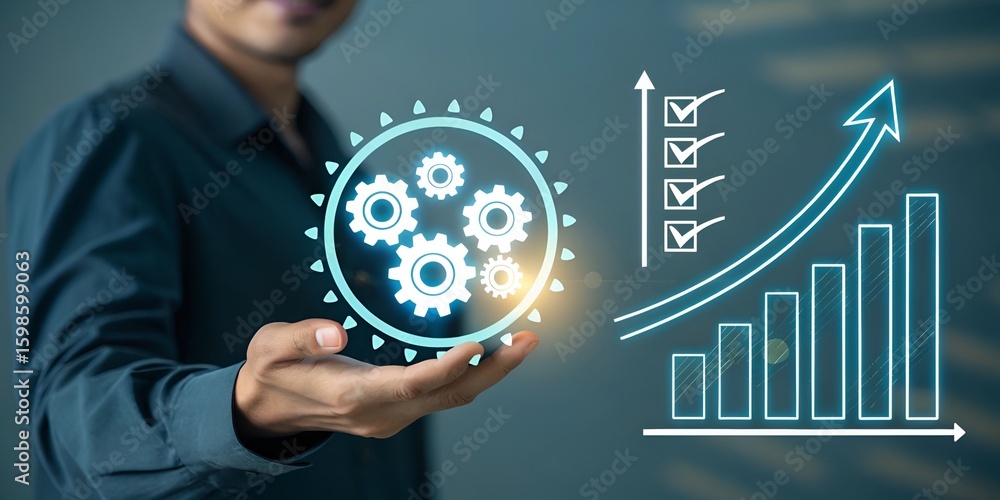 Poster hand holding gears with checklist and bar graph representing business process automation and efficie