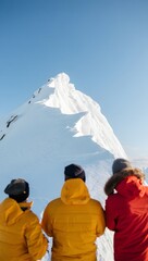 Three people admiring a snow covered mountain peak on a sunny day winter adventure