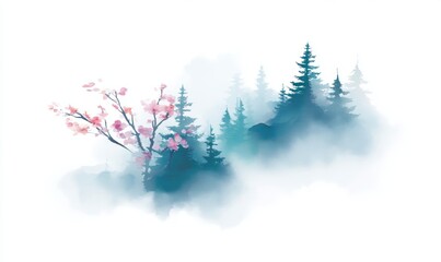 The tranquil watercolor landscape features misty mountain scenery with layered peaks, sparse trees, and red blossoms, all set beneath a soft sky