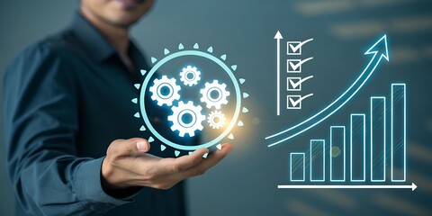 Hand Holding Gears with Checklist and Bar Graph Representing Business Process Automation and Efficiency Improvement in Technology