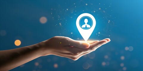 Hand Holding Location Pin with Person Icon for Business Networking and Social Media Concepts