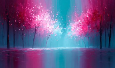 Enchanting scenery unfolds as vibrant pink blossoms adorn the trees lining a serene pathway, with soft light filtering through to highlight the delicate flowers and evoke a dreamy, peaceful