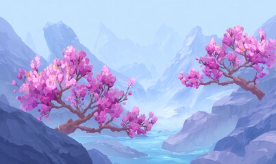 A serene and idyllic landscape features pink cherry blossoms in bloom, suspended above a tranquil river with misty blue mountains rising in the background