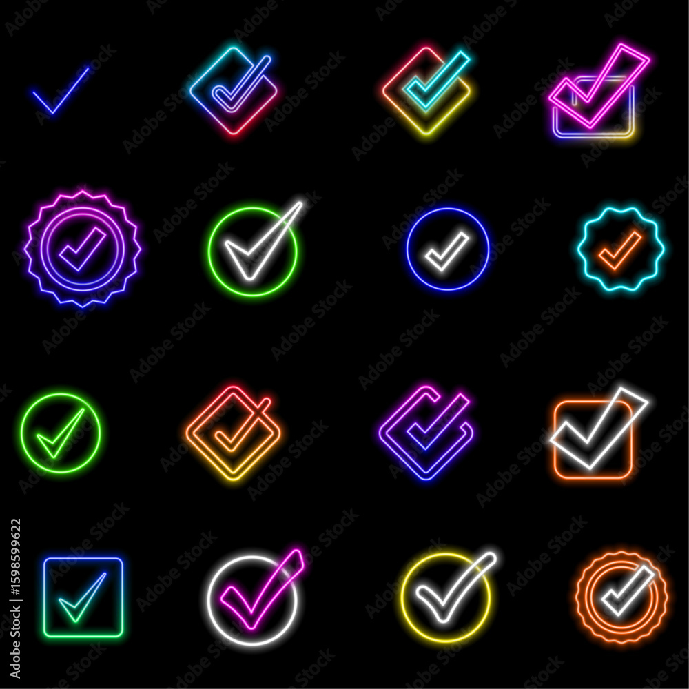 Poster check the collection of badges and buttons done. neon style.check vector icon set. checklist button 