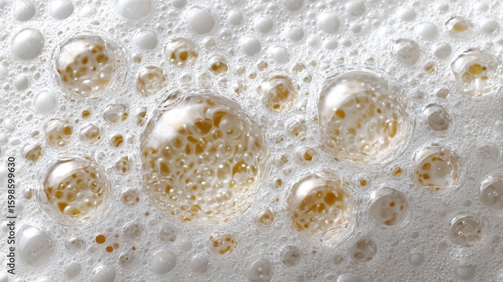 Poster bubbles of varying sizes float in a frothy liquid, illuminated by soft light. the smooth surface and