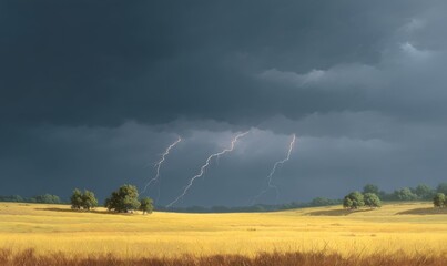 A dramatic landscape painting illustrates a stormy sky lit by lightning, casting an eerie glow over a field and trees under a dark, moody atmosphere
