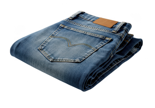 A pair of folded blue denim jeans with a brown leather patch isolated on transparent background