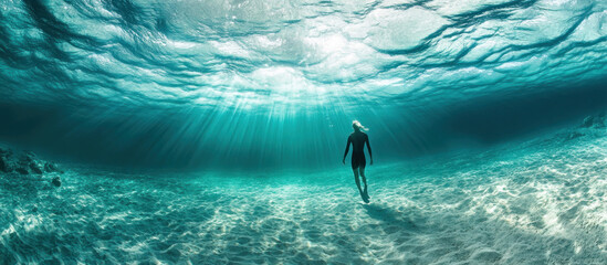 A breathtaking underwater photograph of a woman walking on the ocean floor with sunlight shining through the surface of the water.  