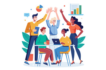Diverse team celebrating success with high fives and charts symbolizing collaboration and achievement in a modern office setting