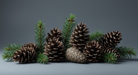 Fototapeta premium Pinecones and evergreen branches arranged on gray background 