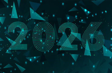 Abstract 3D mesh background with circles and particles on a dark green background. Figures 2026 from the lines in the data stream and the coming of the New Year. xmas