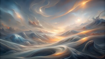 An abstract dreamlike landscape depicts swirling clouds and ethereal light in shades of blue and