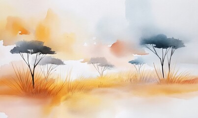 This impressionistic watercolor painting showcases a serene savanna landscape with acacia trees, a vibrant sky, and a breathtaking sunset over the rolling grassy plains and distant mountains