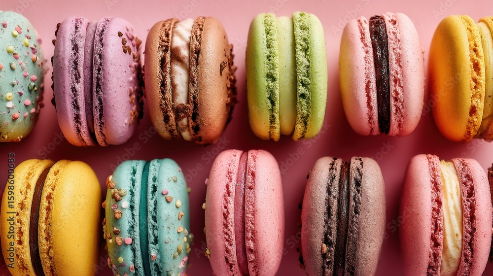 Poster various flavors of macarons are neatly arranged in rows on a pink background. vibrant colors and tex