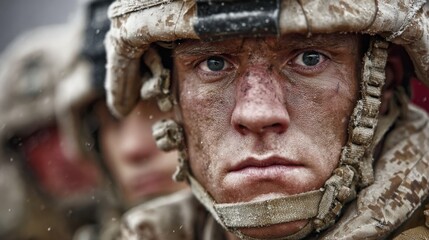 Obraz premium Two soldiers exhibit intense focus and determination while preparing for a mission in a challenging environment. Their expressions reflect the seriousness of their duty and training.