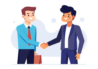 Two smiling businessmen in professional attire shake hands warmly symbolizing a successful agreement or partnership in a modern business setting