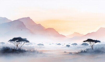 In a watercolor landscape, trees stand tall against a misty mountain range, under a soft and cloudy sky that is bathed in warm, gentle sunlight