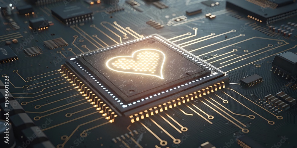 Poster heart symbol on a microchip represents artificial intelligence and the future of technology with lov
