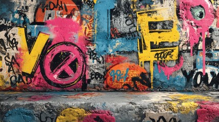 Fototapeta premium Bright, bold graffiti covers a concrete wall in an urban area, featuring colorful letters and symbols. The artwork conveys messages of freedom and individuality through playful colors and designs.