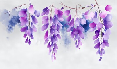 Delicate purple blossoms of wisteria cascade down against a soft, serene blue background, creating a picturesque and calming floral display