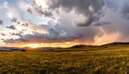 Fototapeta premium Sunset over a vast prairie, storm clouds