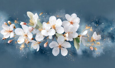 Against a deep blue backdrop, a vibrant oil painting depicts white flowers with orange centers, employing impasto technique to create a textured and deep visual effect, and incorporating a soft