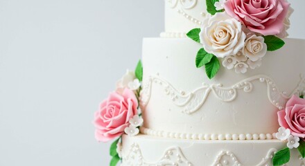 Close up of a tiered white cake decorated with pink and white roses and green leaves detail design