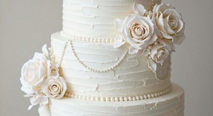 Close up of a tiered wedding cake with white frosting and white roses and pearl accents on each tier