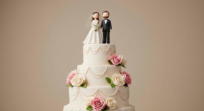 A tiered wedding cake adorned with pink and white roses and a bride and groom cake topper figurine