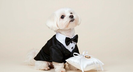 A small white dog wearing a tuxedo with a bow tie sitting next to a ring on a white pillow