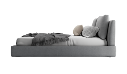 Perspective view of double bed with headboard and blanket transparent background