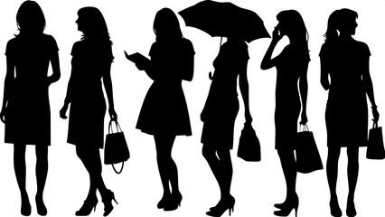 Obraz premium Eight female silhouettes arranged in a row, each holding a different accessory like a handbag, umbrella, book, or phone. They are shown from mid-thigh up, in profile, wearing minimalistic dresses. The