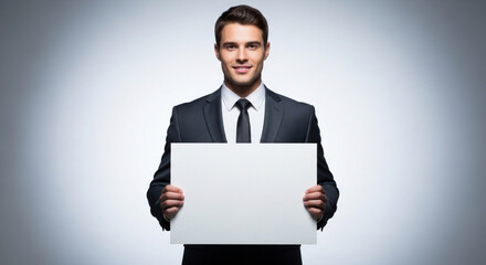 A handsome businessman in a suit and tie is holding a blank white sign in a studio setting