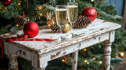 A rustic wooden table holds two glasses of champagne beside red ornaments and pine cones. A decorated Christmas tree is in the background, creating a festive atmosphere.