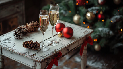 Two champagne glasses on a rustic table with pine cones and red ornaments. A decorated Christmas tree is in the background, creating a festive atmosphere.