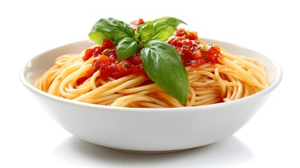 A bowl of spaghetti with tomato sauce and basil, showcasing Italian cuisine 
