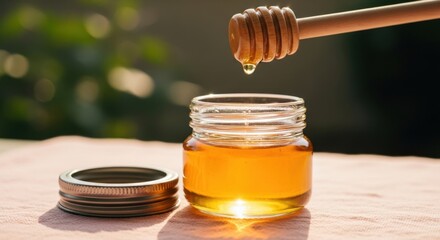 A small glass jar of golden honey with a wooden dipper dripping a single drop, set outdoors on a textured surface