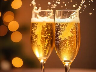 Elegant champagne flutes with golden sparkling wine, dramatic splash and festive celebration vibes

