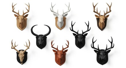 A collection of nine deer heads with antlers mounted on decorative plaques