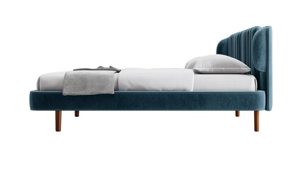 Fototapeta premium Perspective view of double bed with headboard and blanket transparent&nbsp;background