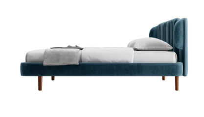 Perspective view of double bed with headboard and blanket transparent background