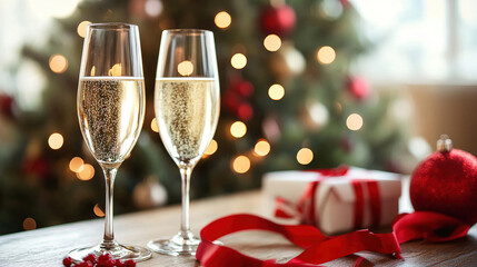 Two champagne flutes filled with sparkling wine sit on a wooden table. A Christmas tree with lights and ornaments is in the background. A gift box is nearby.