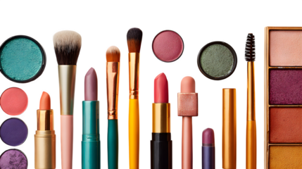 Colorful makeup flatlay with brushes, lipsticks, and eyeshadows, isolated on transparent background