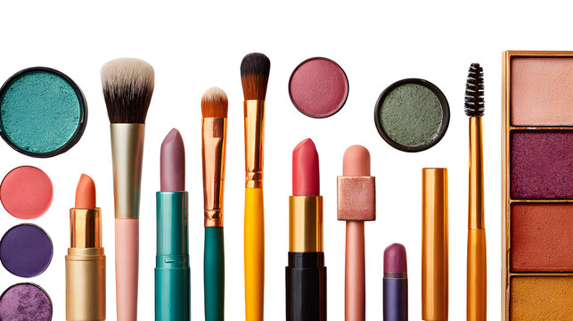 Colorful makeup flatlay with brushes, lipsticks, and eyeshadows, isolated on transparent background
