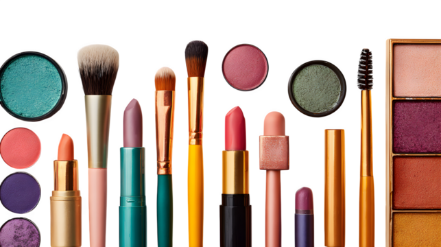 Colorful makeup flatlay with brushes, lipsticks, and eyeshadows, isolated on transparent background