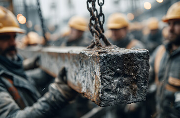 Construction workers in hard hats carefully lift large, rusty I-beam with chains at building site. Teamwork, physical strength evident as maneuver heavy steel structure for new construction project.