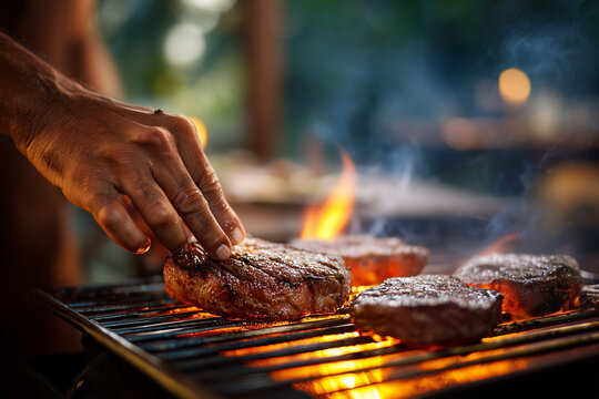 Grilling Man Juicy Meat Steaks on Outdoor Fire Grill - Powered by Adobe