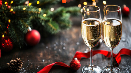 Two champagne glasses filled with sparkling wine sit on a wooden table. A Christmas tree with lights and ornaments is in the background, creating a festive atmosphere.