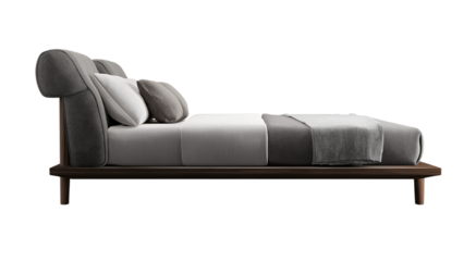 Perspective view of double bed with headboard and blanket transparent background