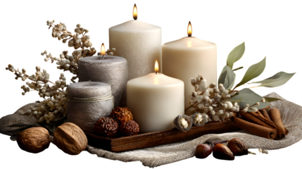Elegant still life composition with candles and natural elements, isolated on transparent background